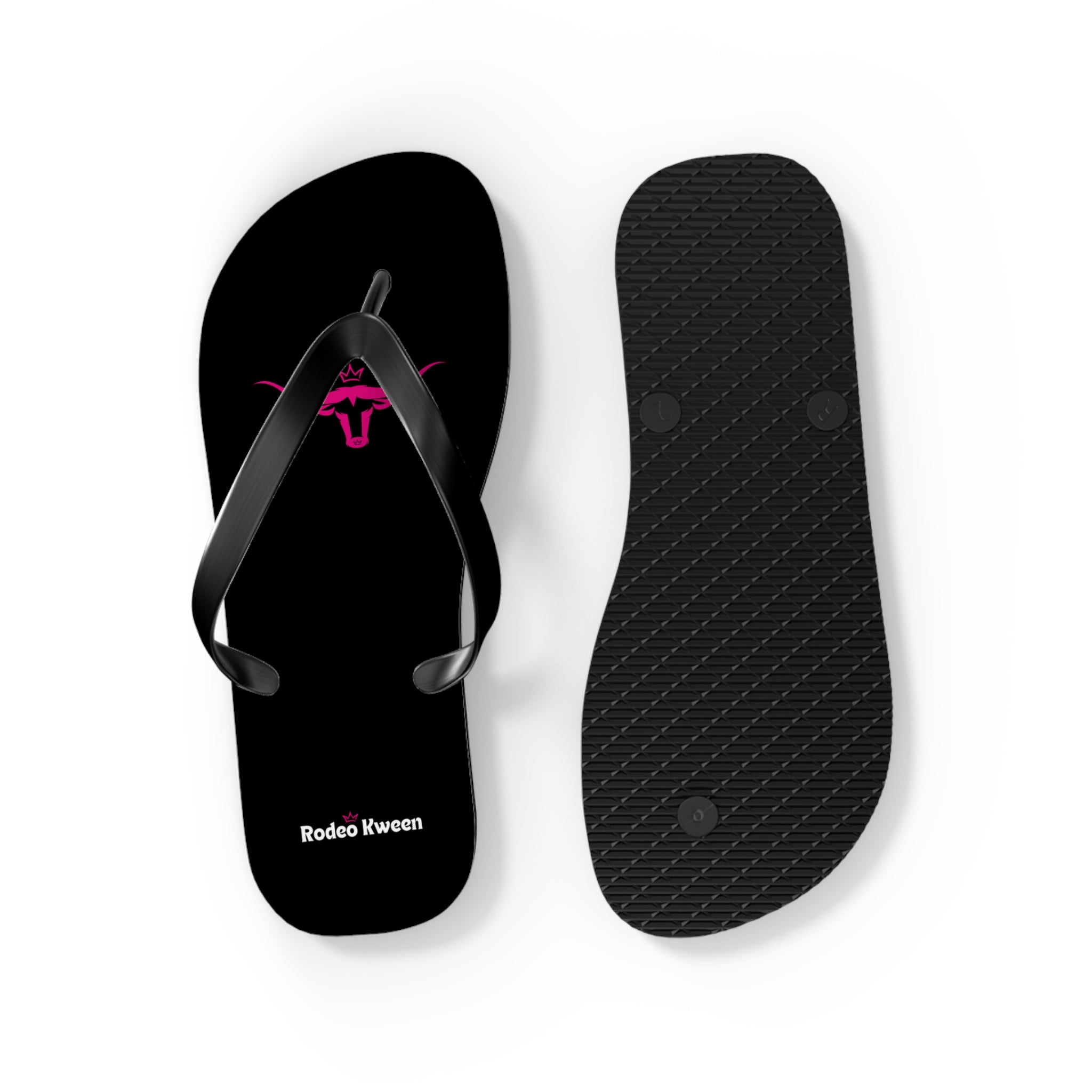 Rodeo Kween Flip Flops — Black Western Bull Logo Beach Sandals
