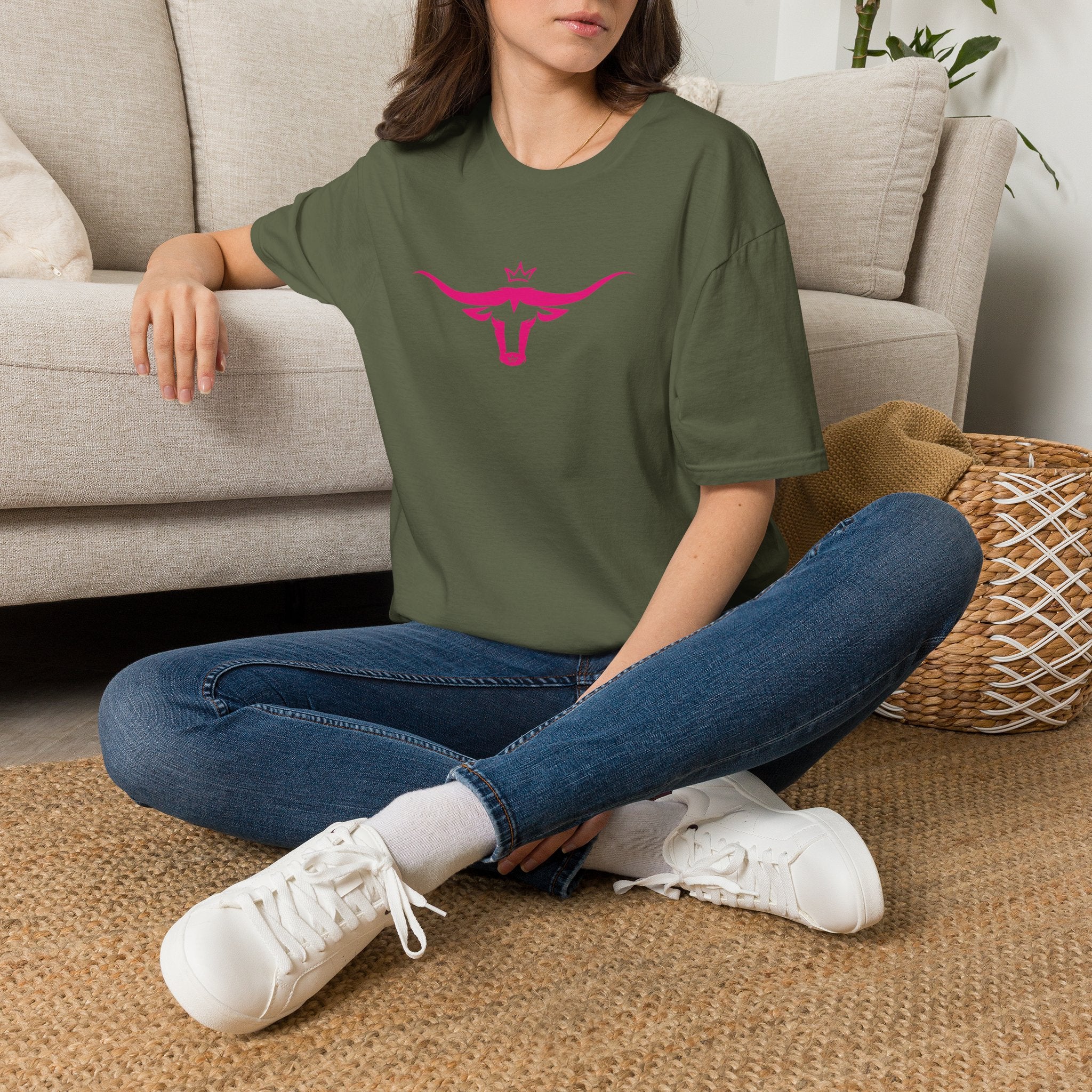 Longhorn Crown Graphic Tee — Pink Bull Logo Women's Casual T‑Shirt
