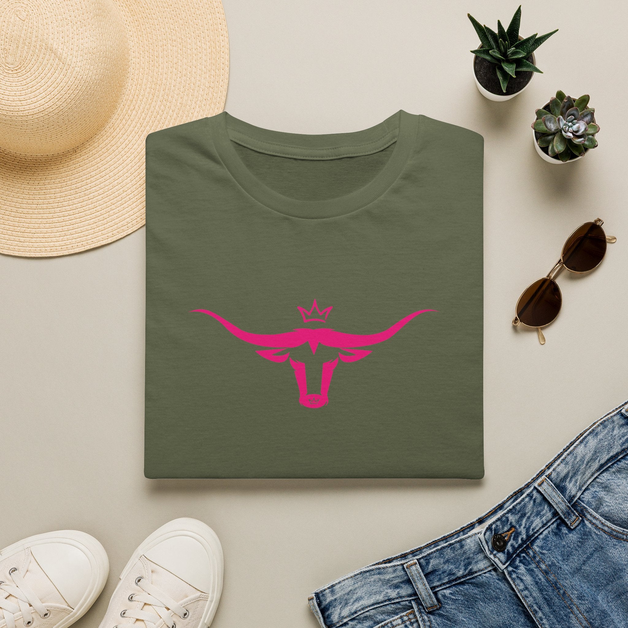 Longhorn Crown Graphic Tee — Pink Bull Logo Women's Casual T‑Shirt