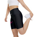 Rodeo Kween Women's Workout Shorts — Black Biker Shorts with Pink Longhorn Logo & Vertical 'Rodeo Kween' Text
