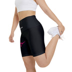 Rodeo Kween Women's Workout Shorts — Black Biker Shorts with Pink Longhorn Logo & Vertical 'Rodeo Kween' Text