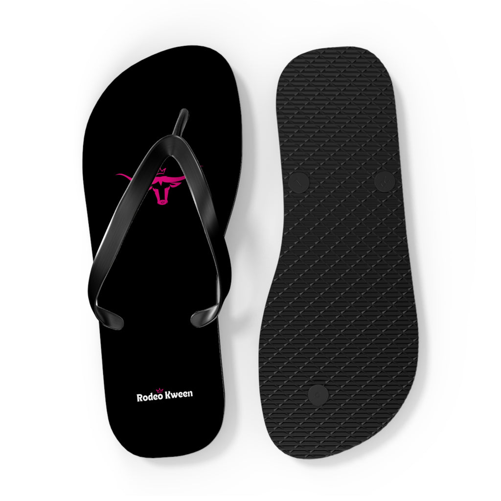 Rodeo Kween Flip Flops — Black Western Bull Logo Beach Sandals
