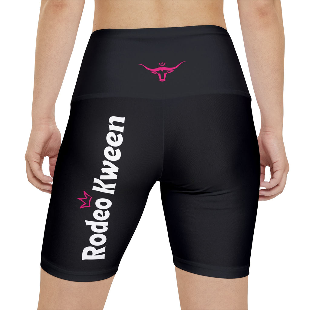 Rodeo Kween Women's Workout Shorts — Black Biker Shorts with Pink Longhorn Logo & Vertical 'Rodeo Kween' Text