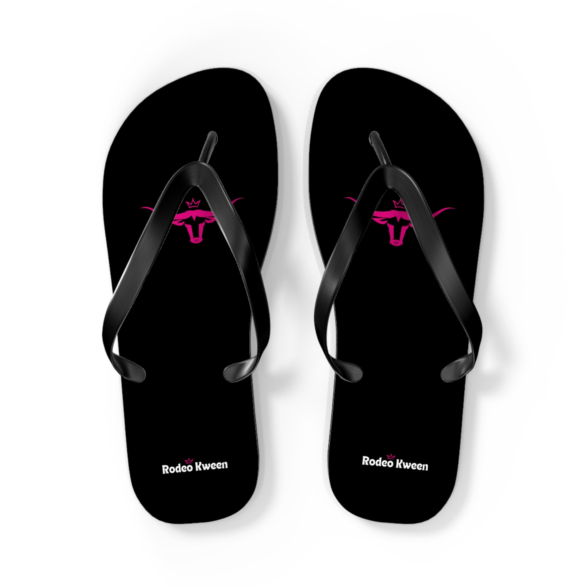 Rodeo Kween Flip Flops — Black Western Bull Logo Beach Sandals