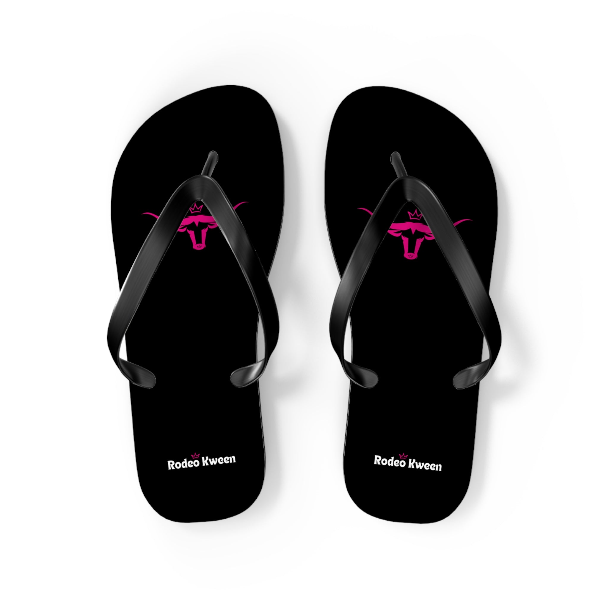 Rodeo Kween Flip Flops — Black Western Bull Logo Beach Sandals