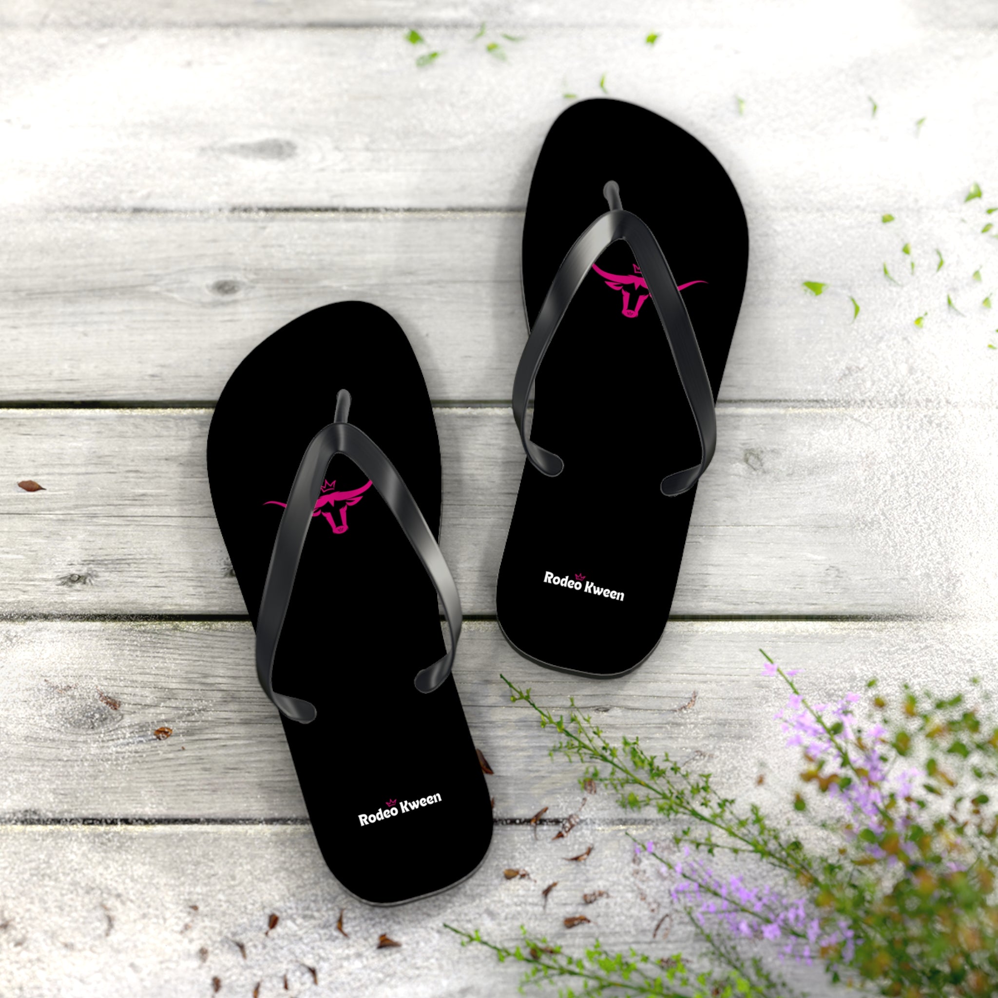 Rodeo Kween Flip Flops — Black Western Bull Logo Beach Sandals