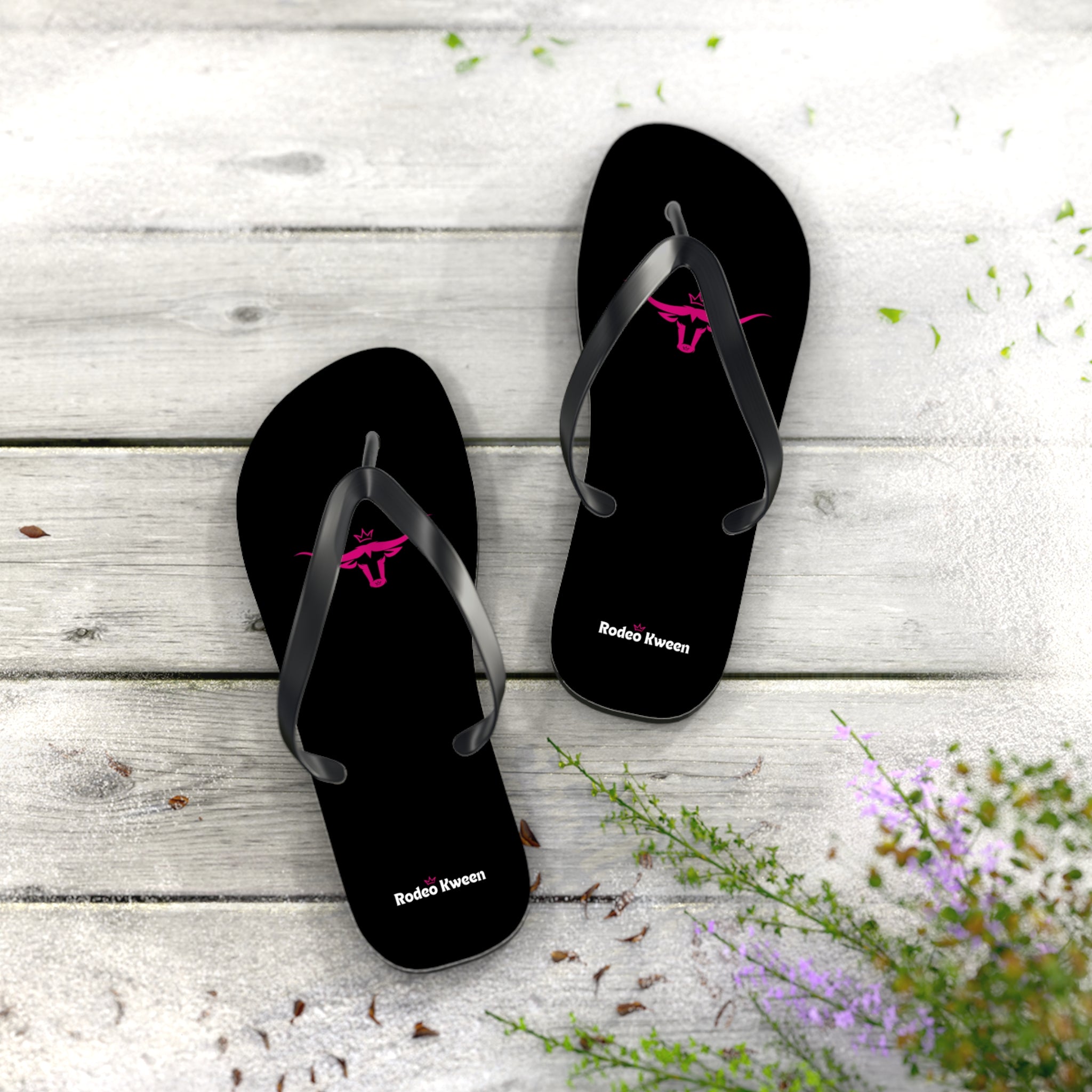 Rodeo Kween Flip Flops — Black Western Bull Logo Beach Sandals