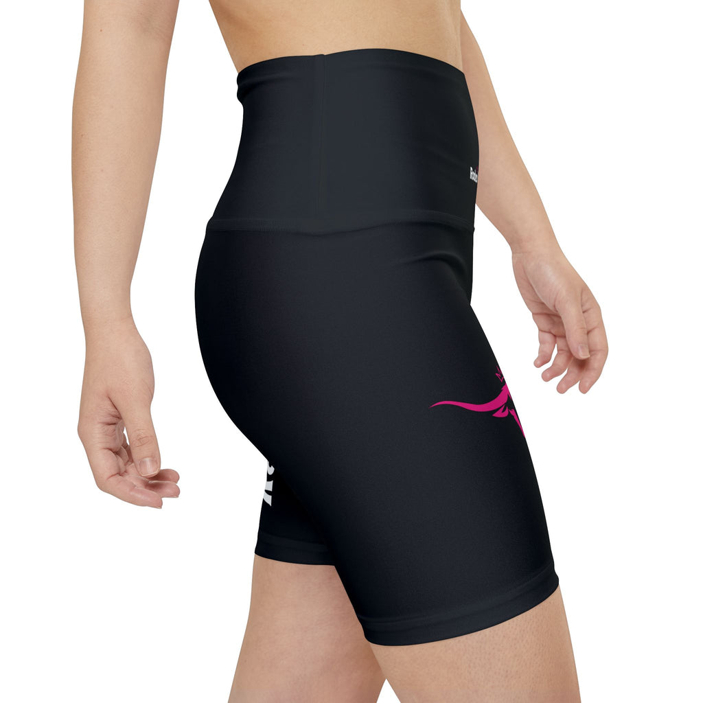 Rodeo Kween Women's Workout Shorts — Black Biker Shorts with Pink Longhorn Logo & Vertical 'Rodeo Kween' Text