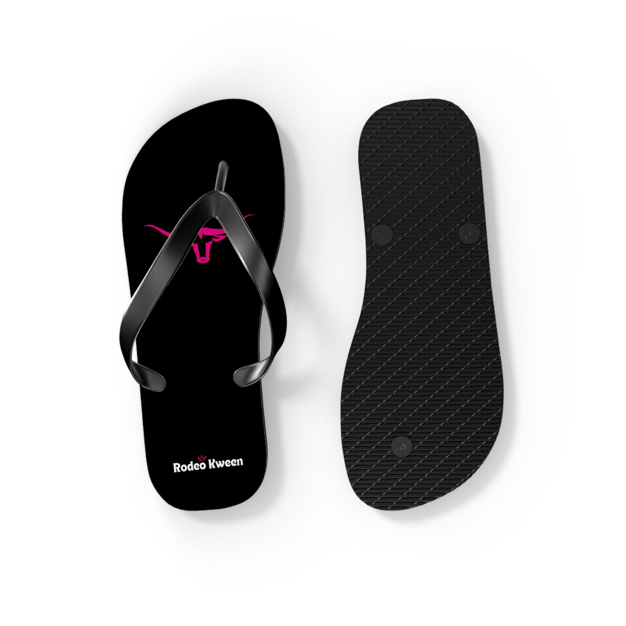 Rodeo Kween Flip Flops — Black Western Bull Logo Beach Sandals