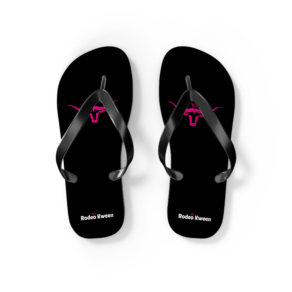 Rodeo Kween Flip Flops — Black Western Bull Logo Beach Sandals