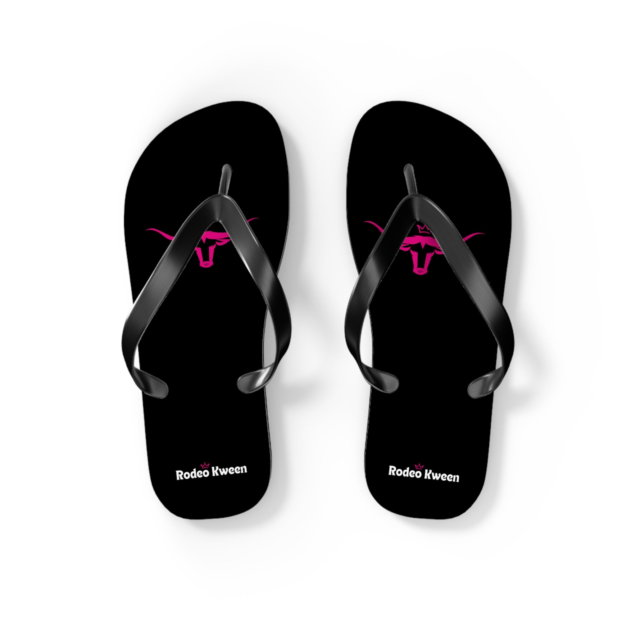 Rodeo Kween Flip Flops — Black Western Bull Logo Beach Sandals