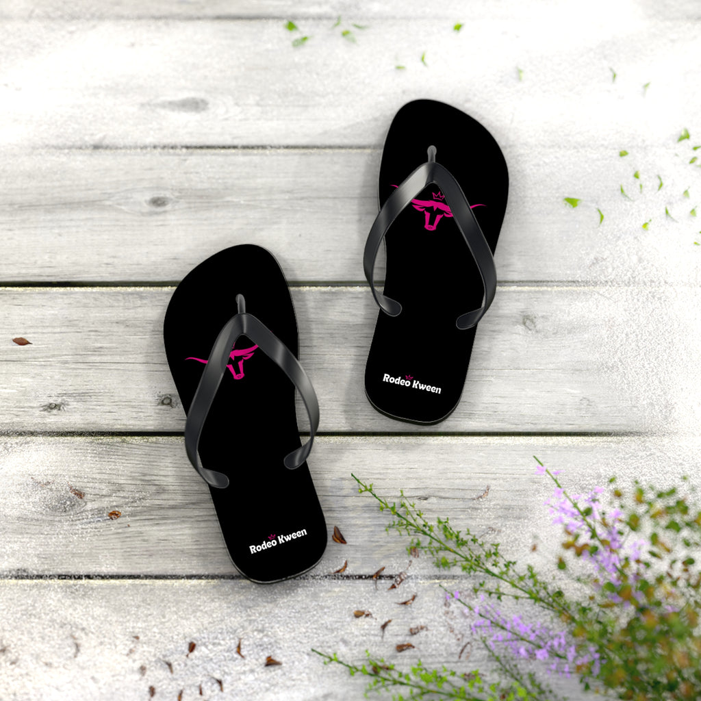 Rodeo Kween Flip Flops — Black Western Bull Logo Beach Sandals