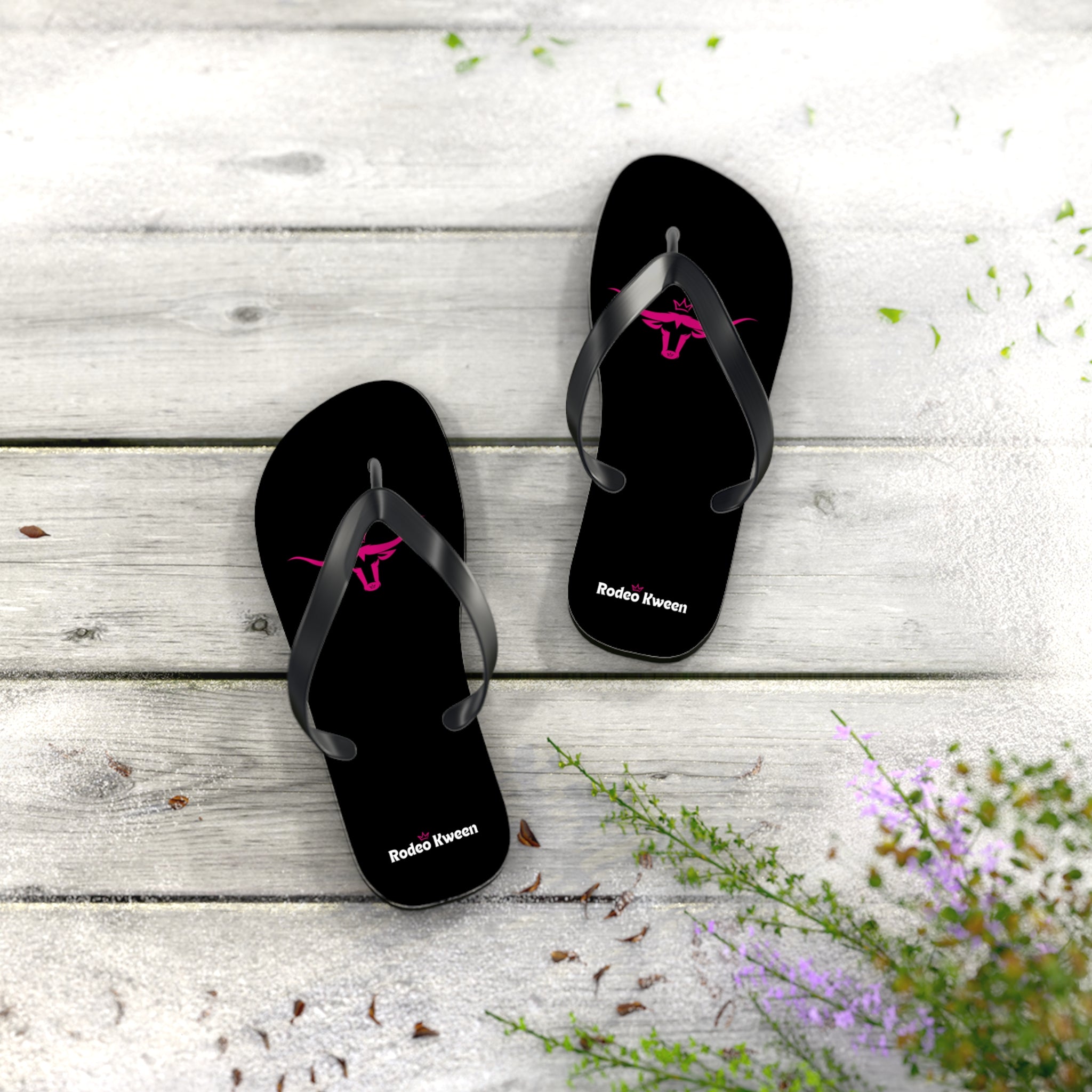 Rodeo Kween Flip Flops — Black Western Bull Logo Beach Sandals