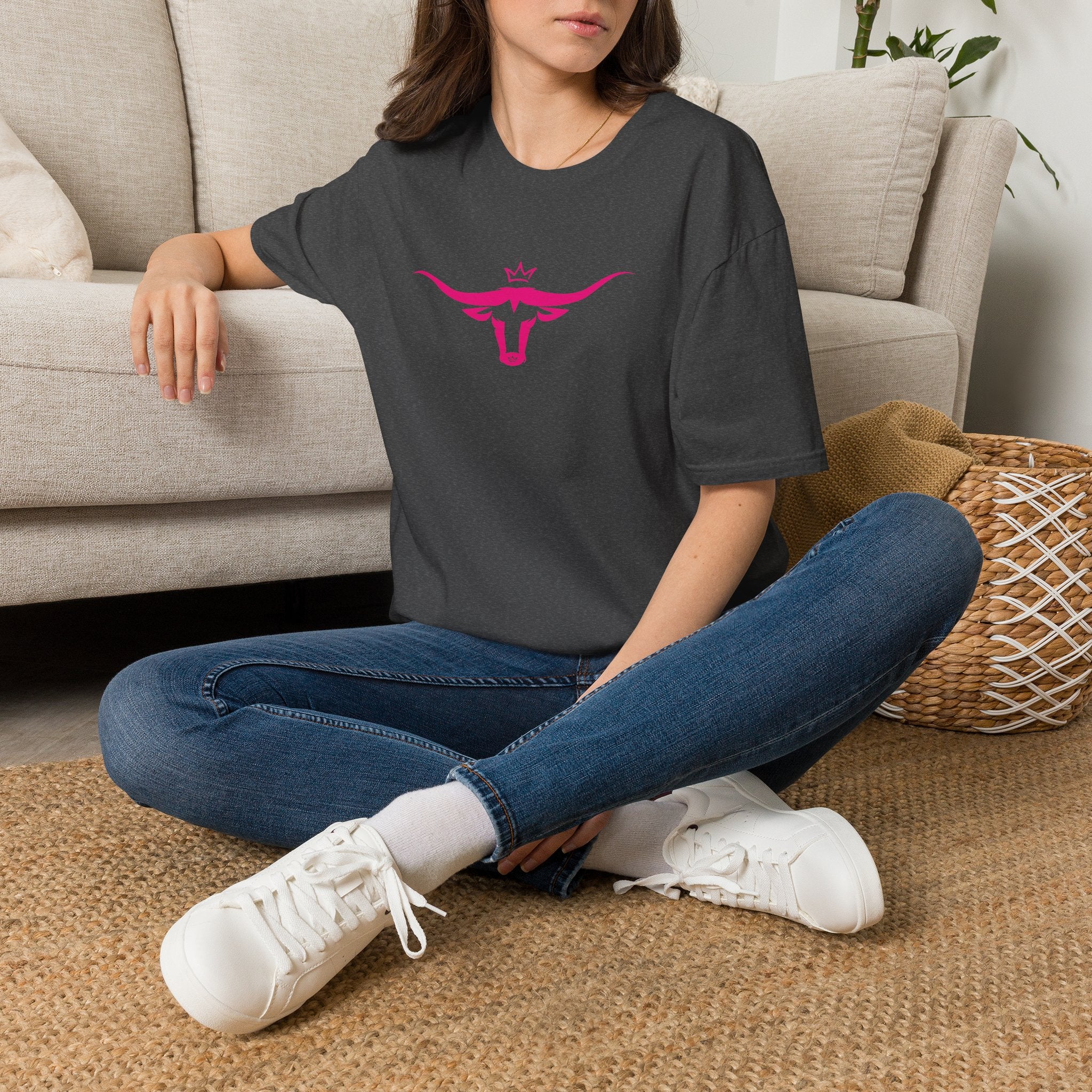 Longhorn Crown Graphic Tee — Pink Bull Logo Women's Casual T‑Shirt