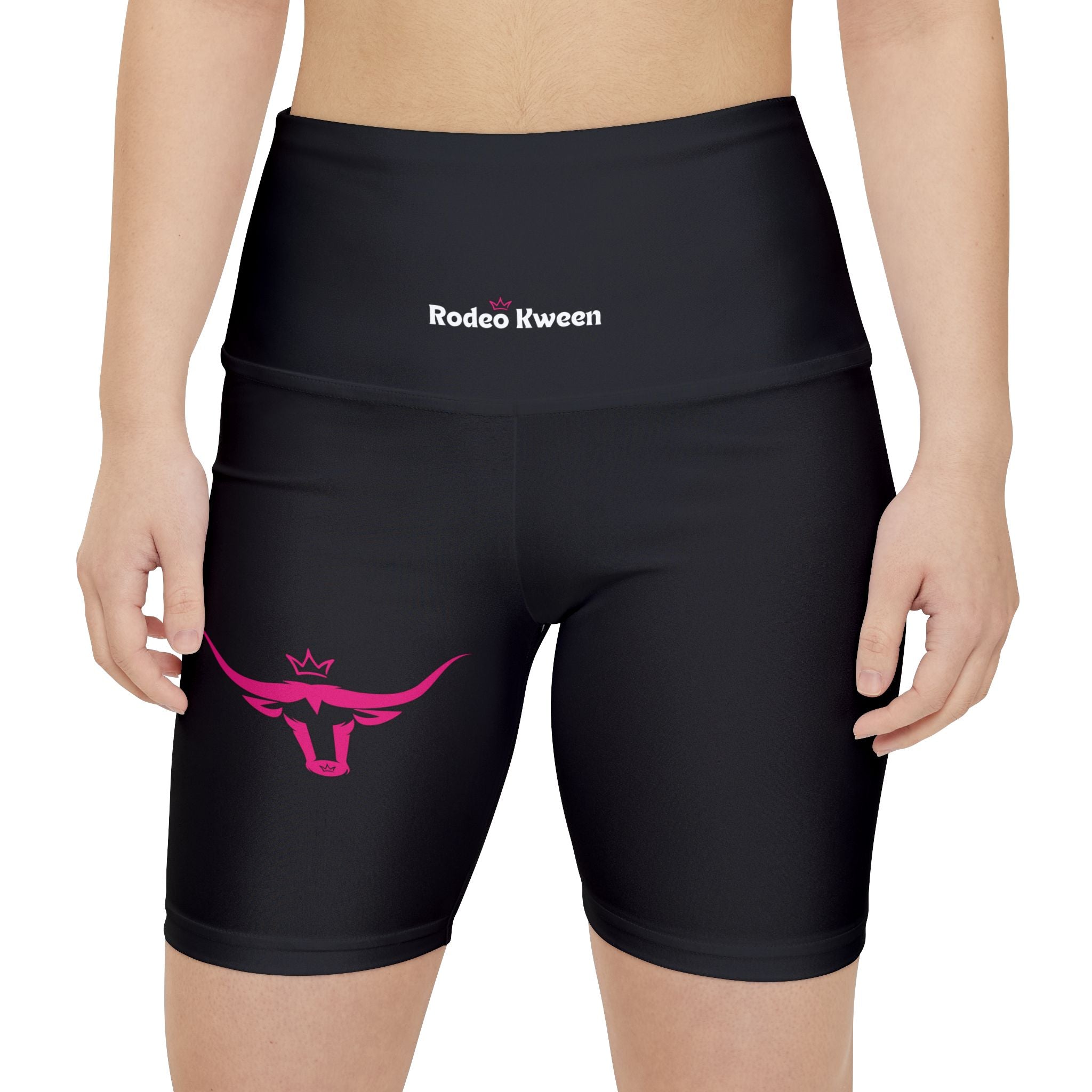 Rodeo Kween Women's Workout Shorts — Black Biker Shorts with Pink Longhorn Logo & Vertical 'Rodeo Kween' Text