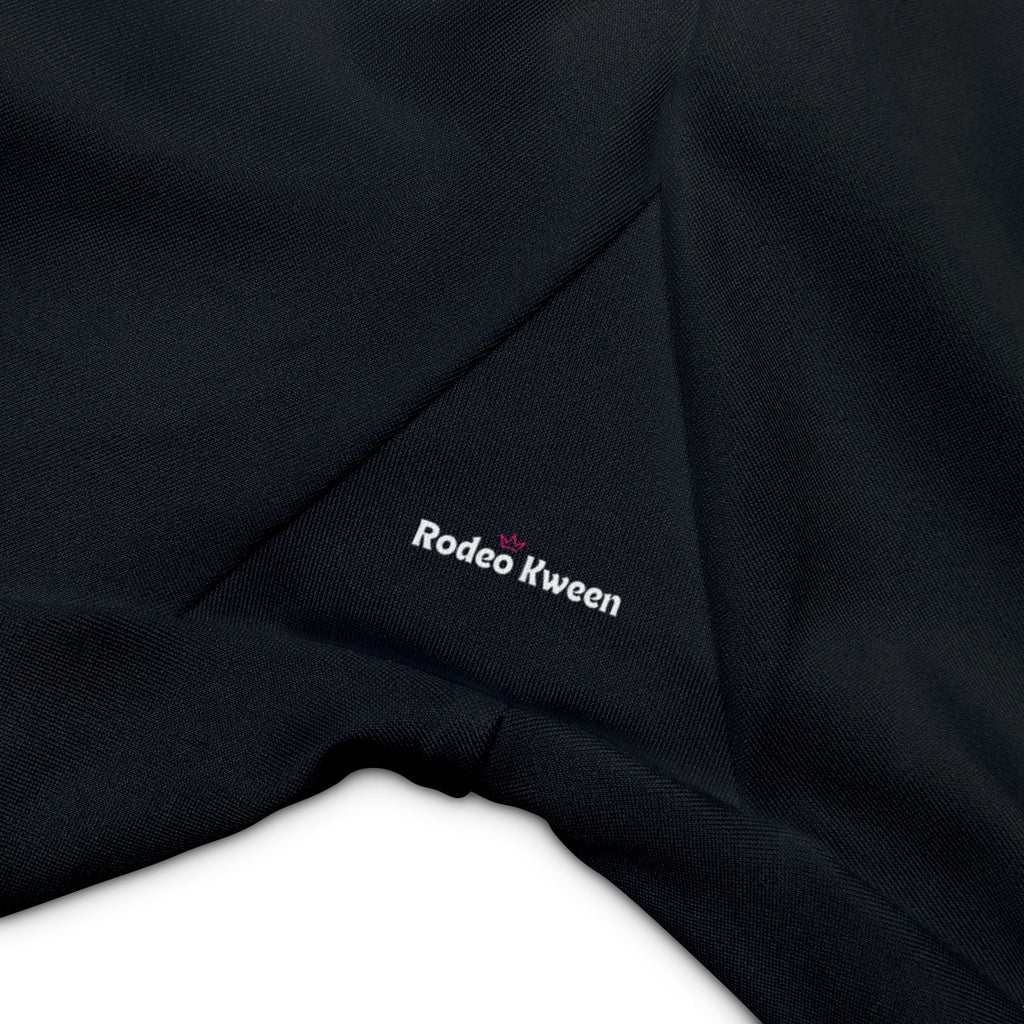 Rodeo Kween Women's Workout Shorts — Black Biker Shorts with Pink Longhorn Logo & Vertical 'Rodeo Kween' Text