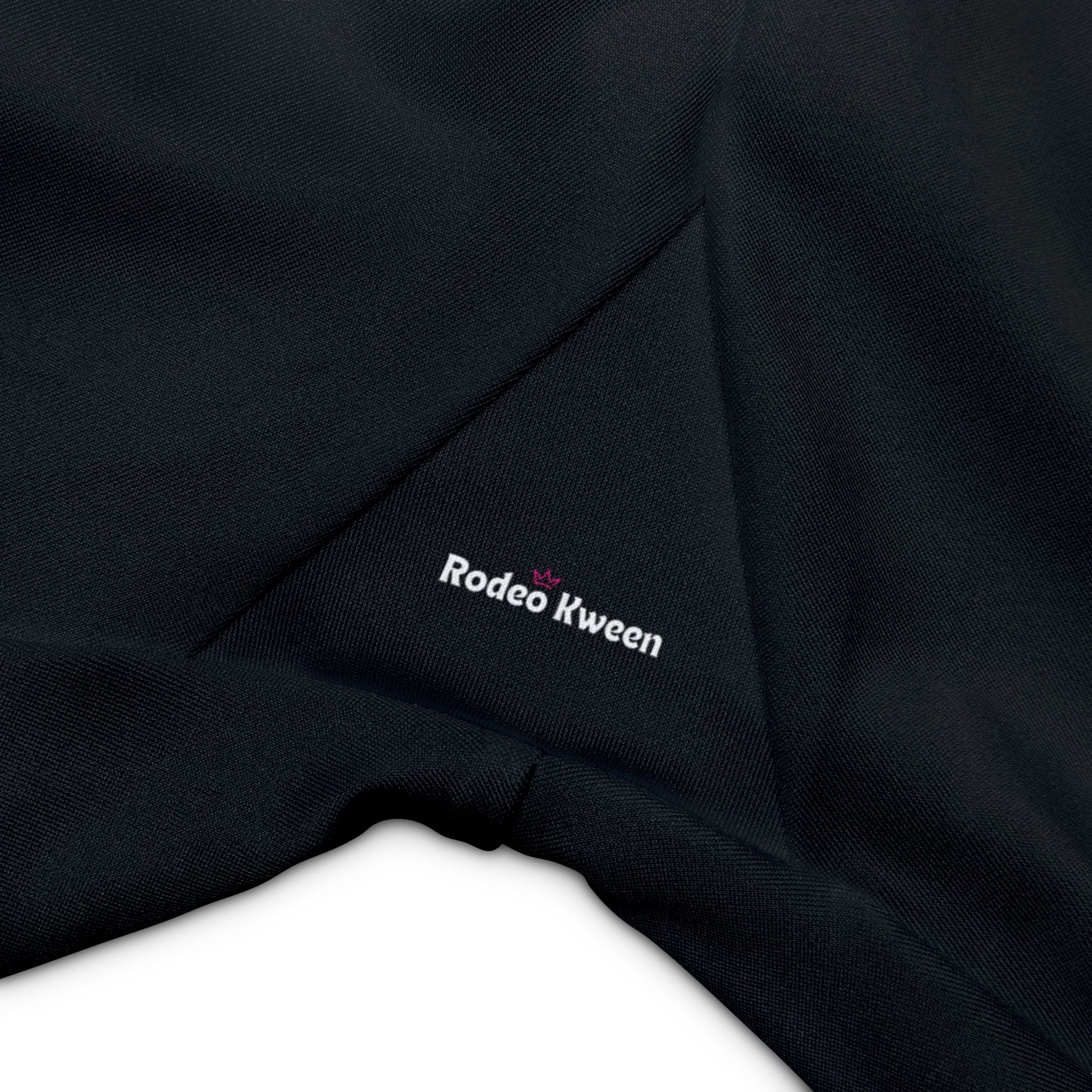 Rodeo Kween Women's Workout Shorts — Black Biker Shorts with Pink Longhorn Logo & Vertical 'Rodeo Kween' Text