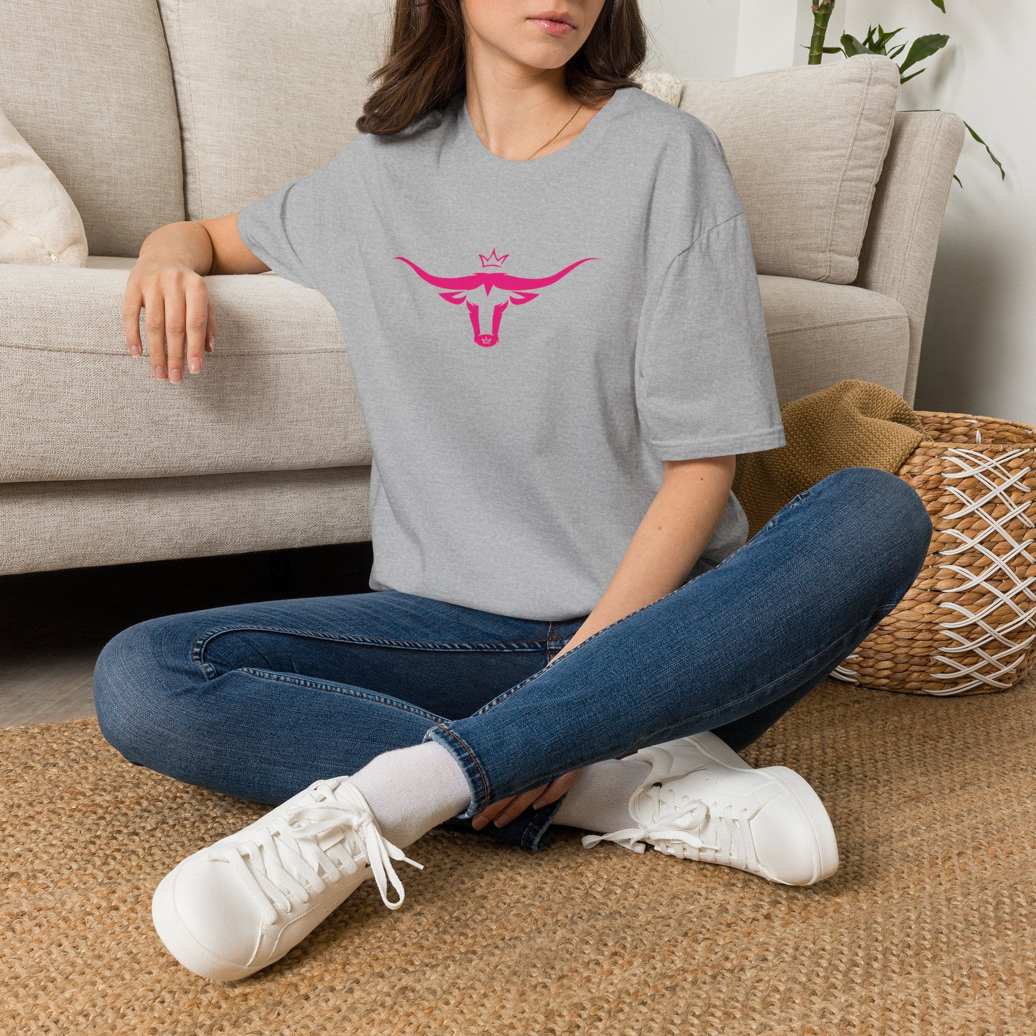 Longhorn Crown Graphic Tee — Pink Bull Logo Women's Casual T‑Shirt
