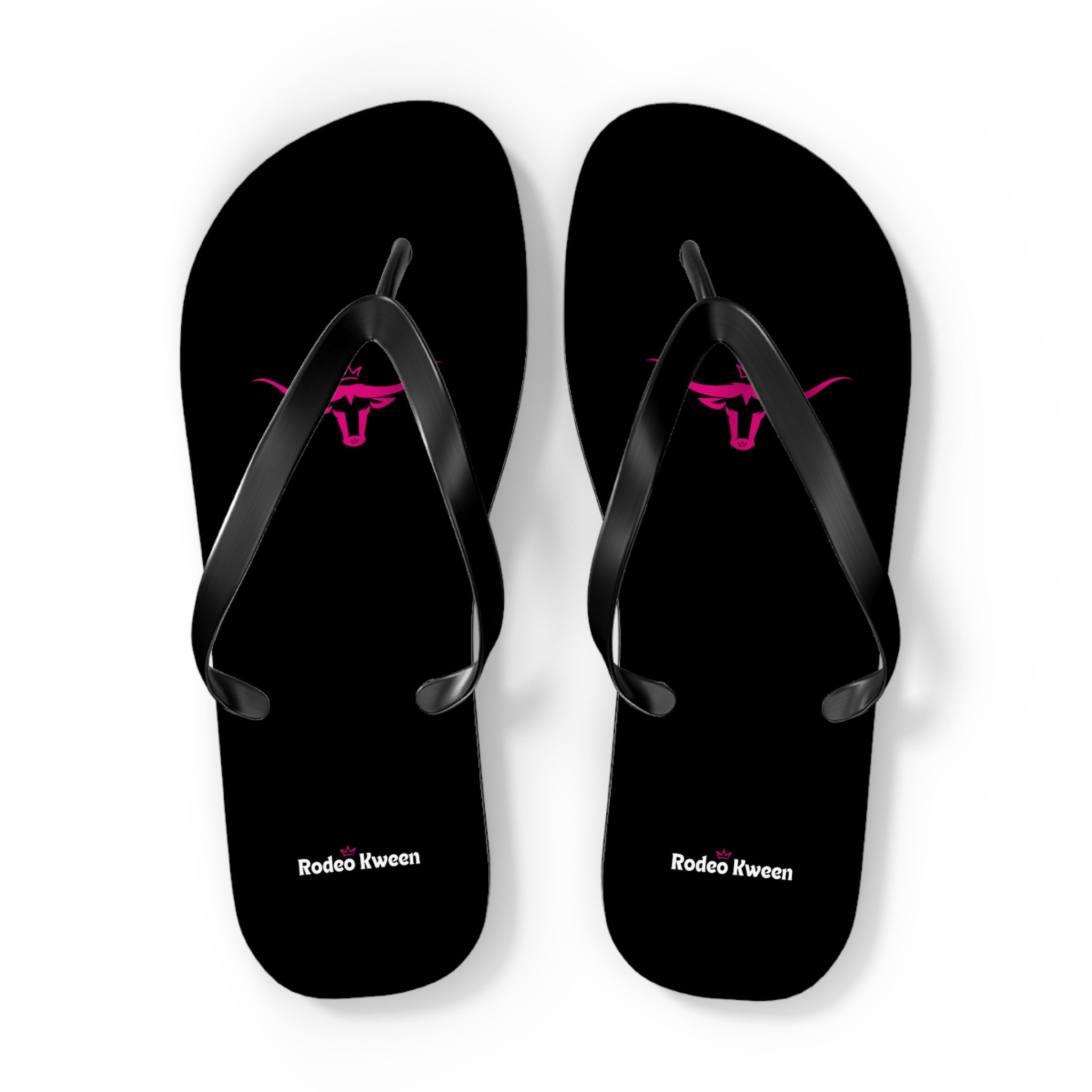 Rodeo Kween Flip Flops — Black Western Bull Logo Beach Sandals
