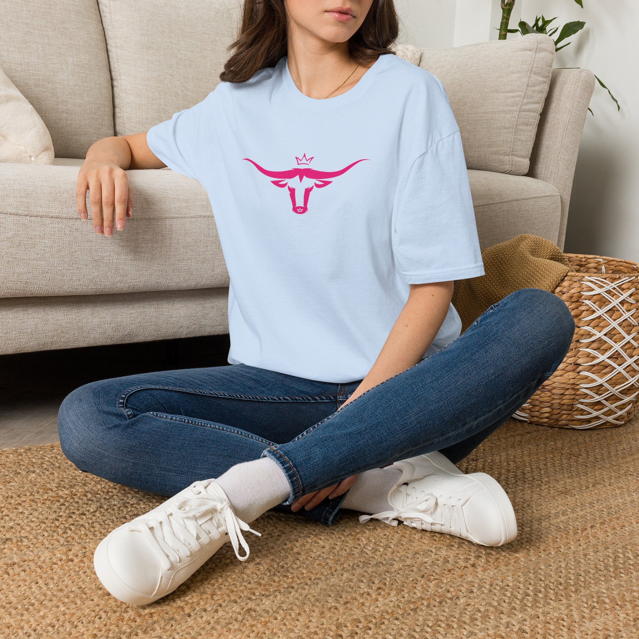 Longhorn Crown Graphic Tee — Pink Bull Logo Women's Casual T‑Shirt