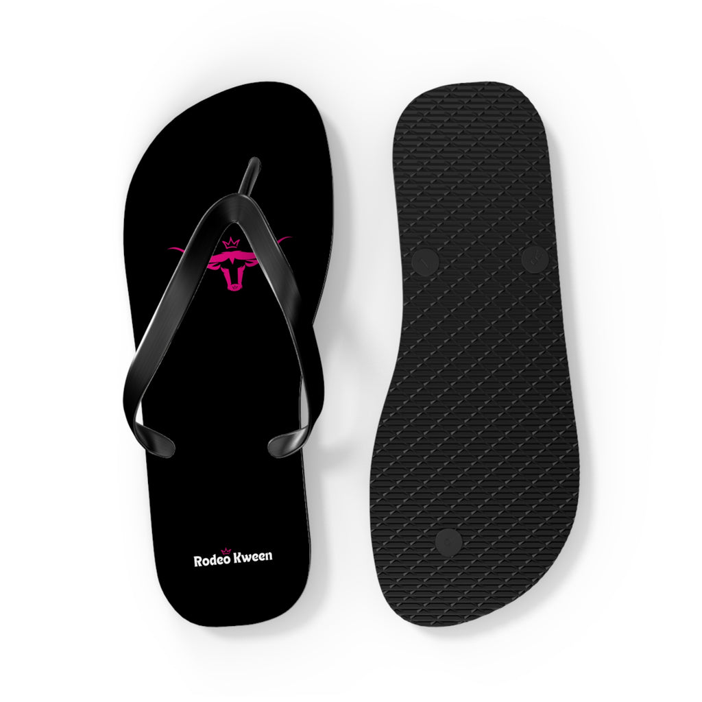Rodeo Kween Flip Flops — Black Western Bull Logo Beach Sandals