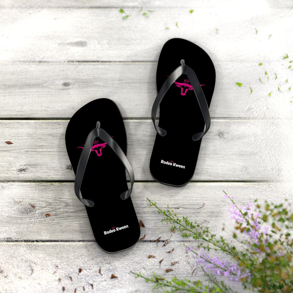 Rodeo Kween Flip Flops — Black Western Bull Logo Beach Sandals