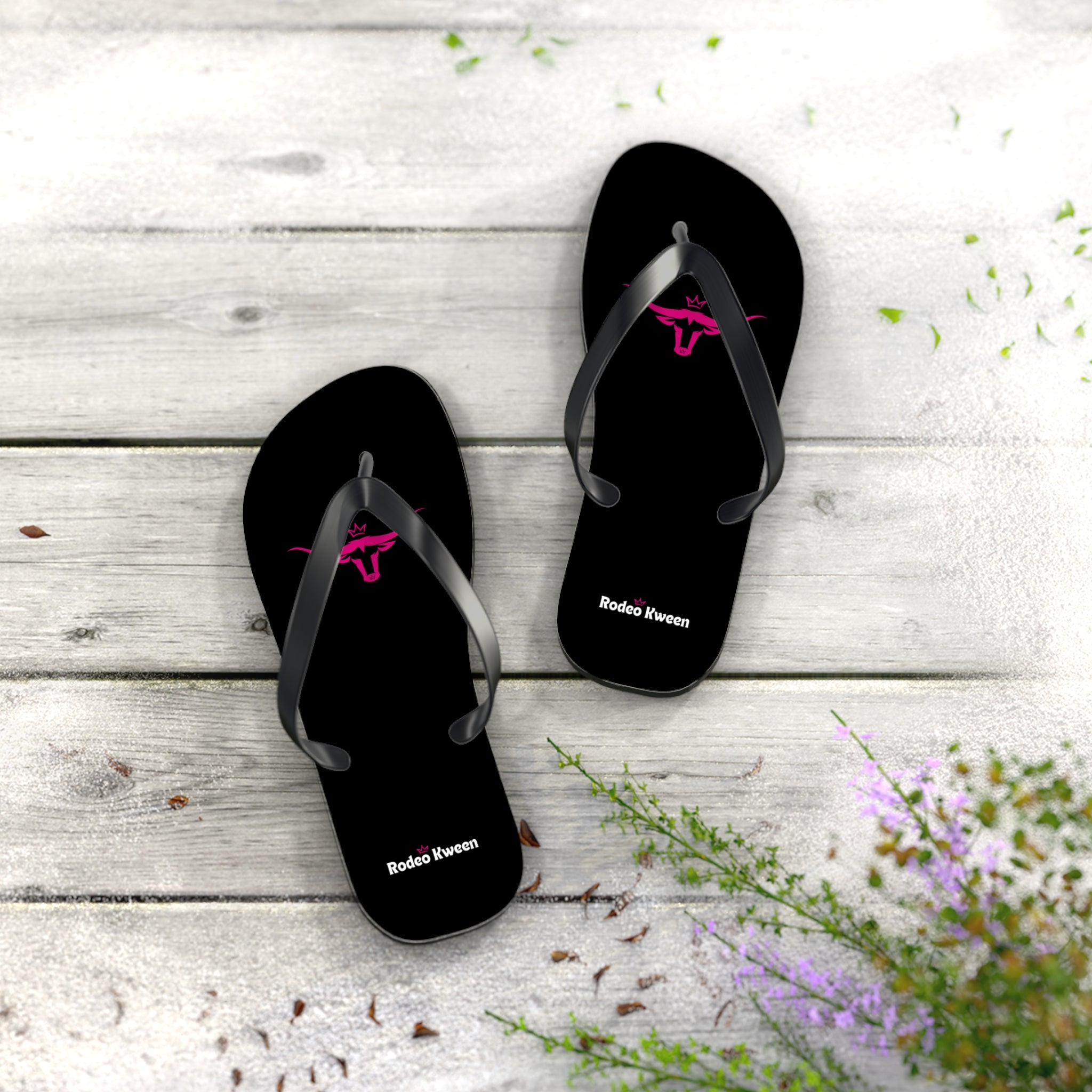 Rodeo Kween Flip Flops — Black Western Bull Logo Beach Sandals